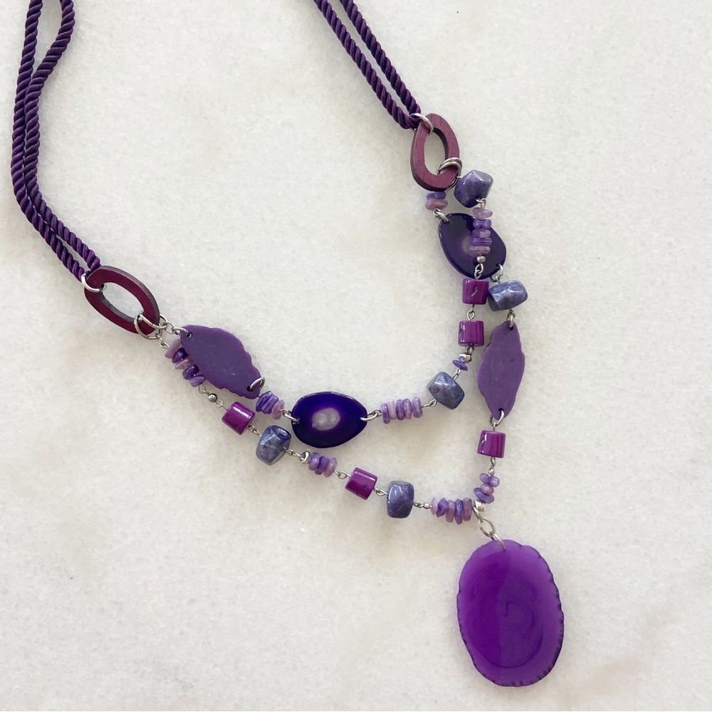 Chico’s Long Necklace Purple Silver Pendant Rope Stone Statement Summer